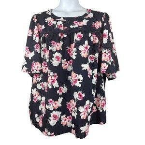 Lane Bryant size 3 X Black Floral Flowy Short Sleeve To Elbows Top